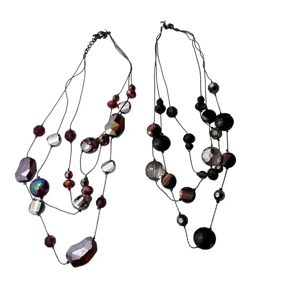 Lot of2 Multi Strand Beaded Necklaces Dark Iridescent Tones Sparkle Artsy Office
